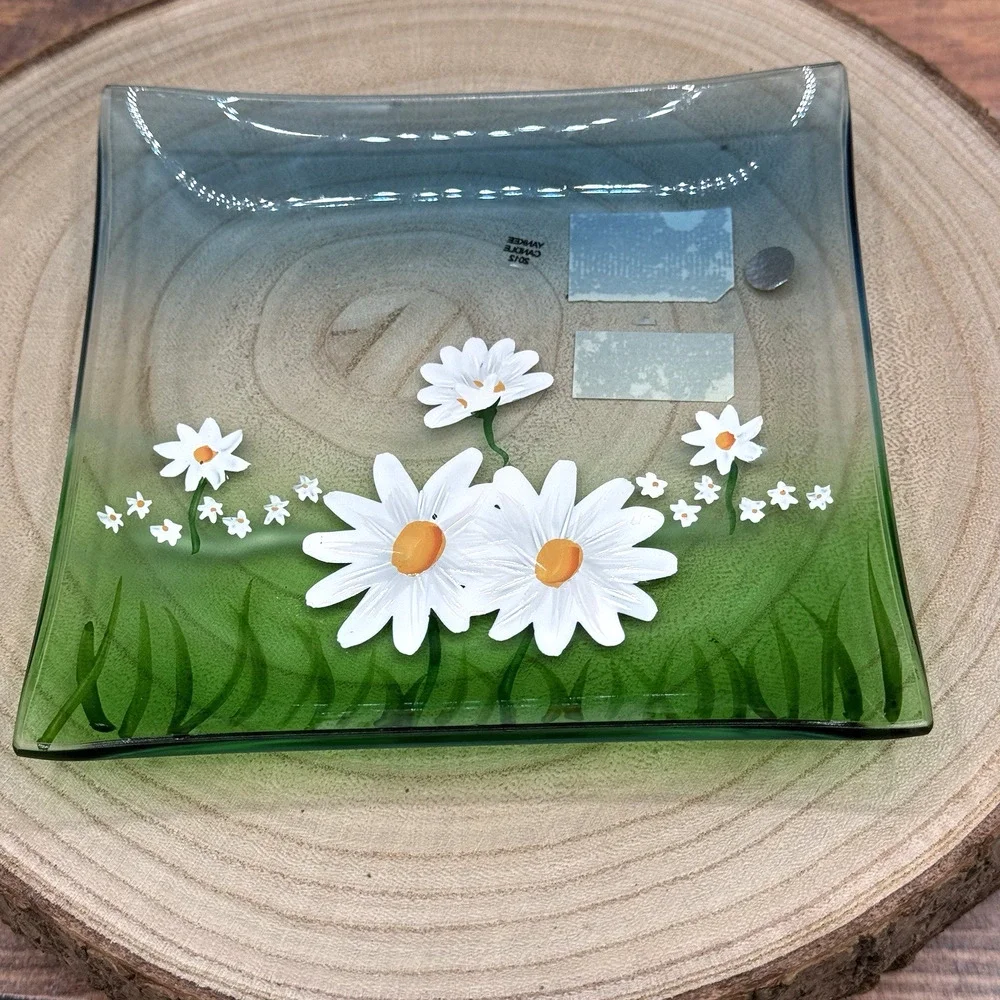 Yankee Candle Daisy Crackle‎ Glass Square Tray /Plate Holder Blue Green 5.5